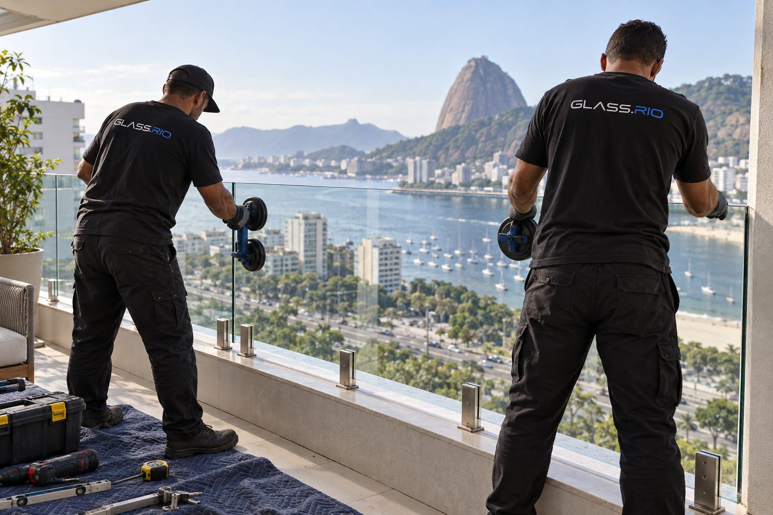 Equipe Glass.Rio instalando guarda-corpo de vidro em varanda